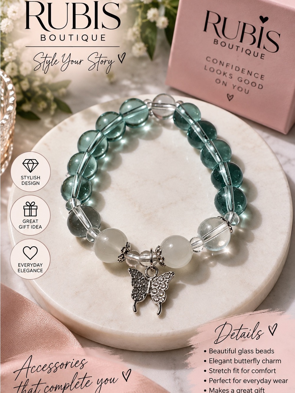 Green & White Glass Bead Bracelet with Butterfly Charm